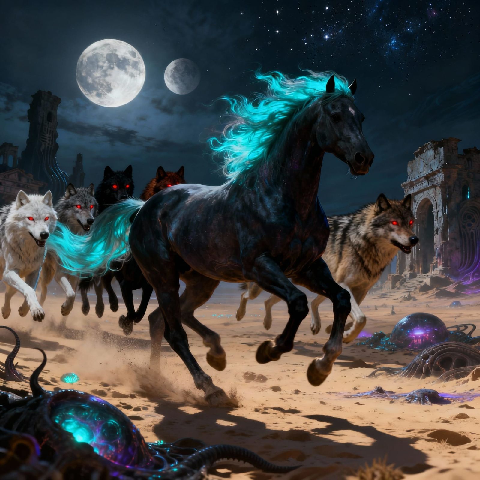 Wolves and Stallion Running Together in Nature