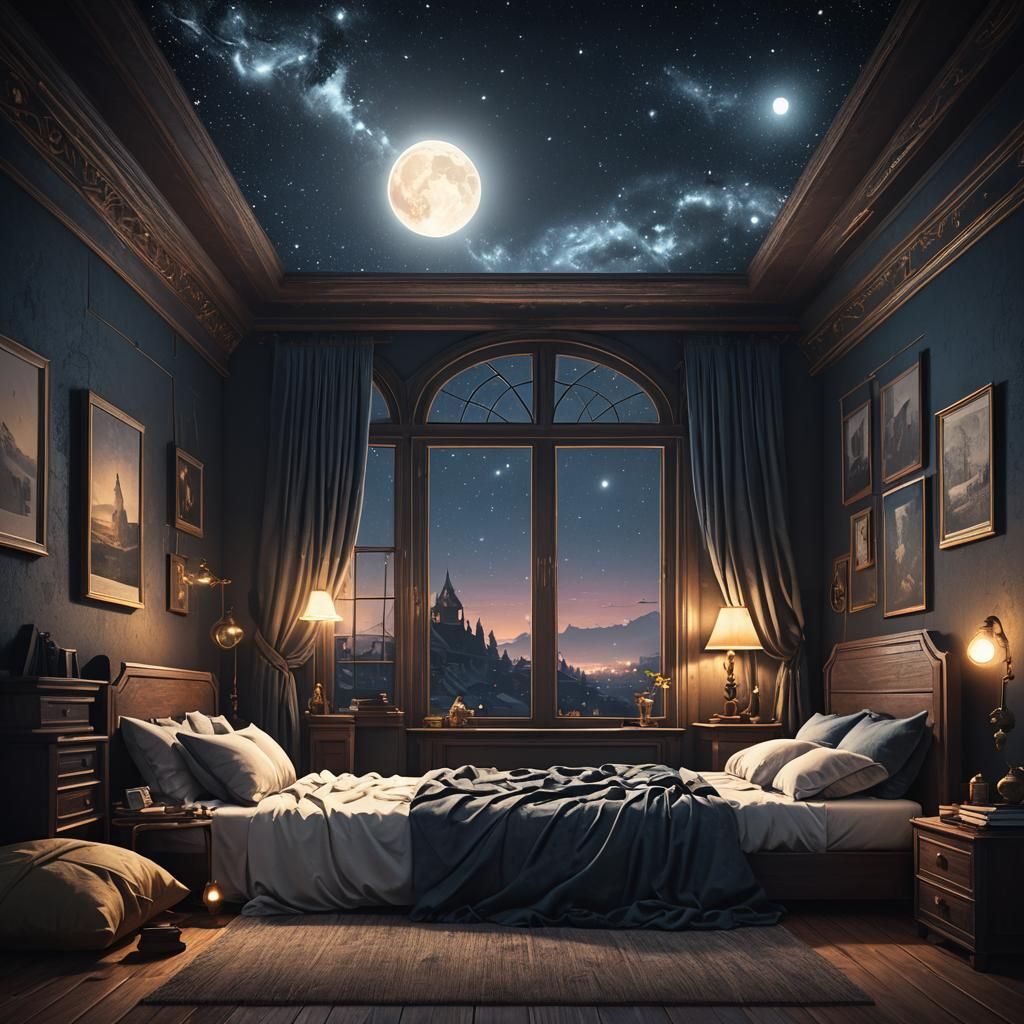 Night Bedroom With Stars and Moon, Detailed Painting