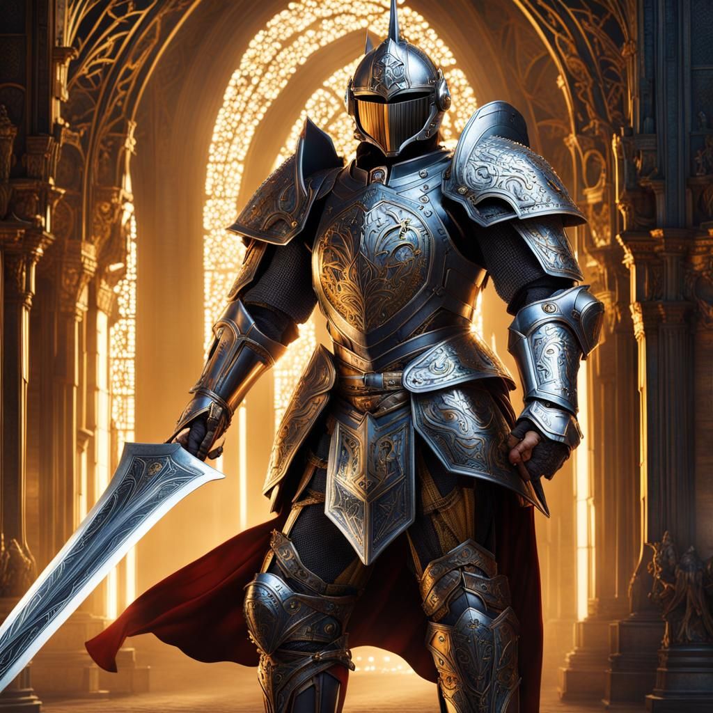 Futuristic Knight in Neon Cityscape: Digital Art