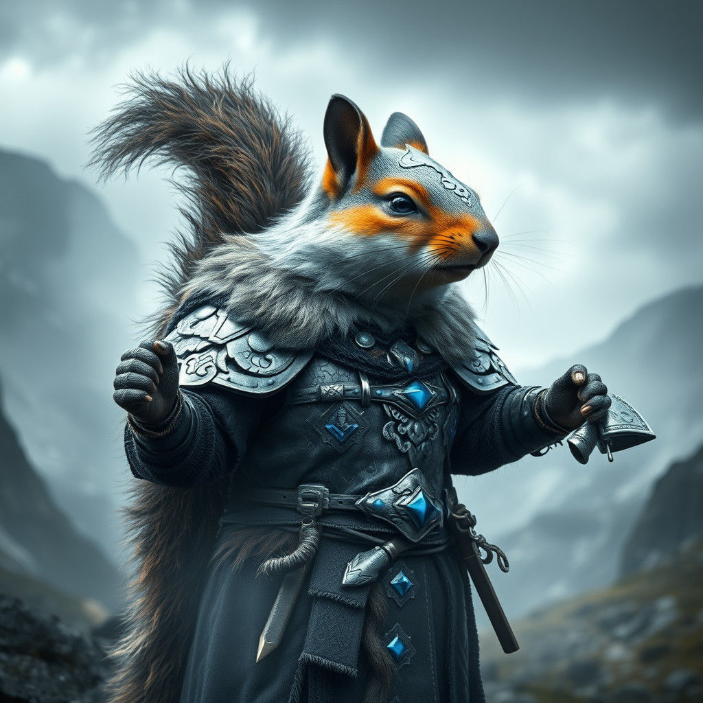 Squirrel Viking in Armor Amidst Misty Landscape