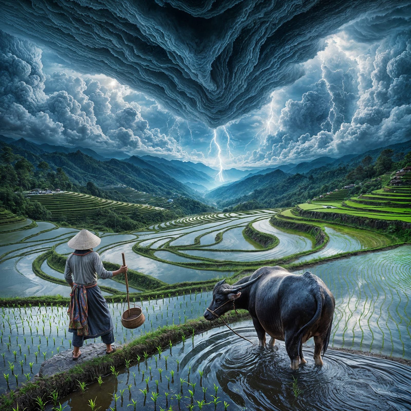 Vietnamese Landscape at Storm's Edge in Muted Earth Tones