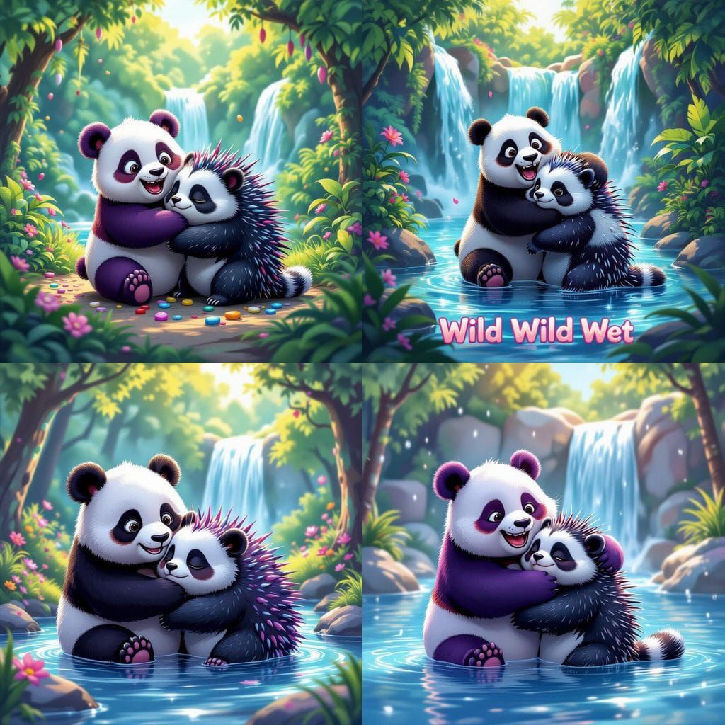 Cute Purple Panda Hugs Sad Porcupine in Singapore Waterfall