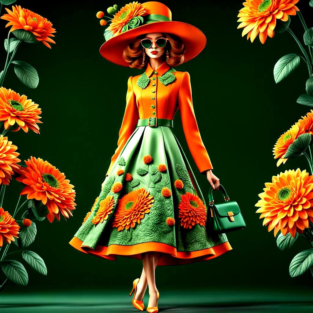 Fashionable Woman in Orange and Green Floral Outfit
