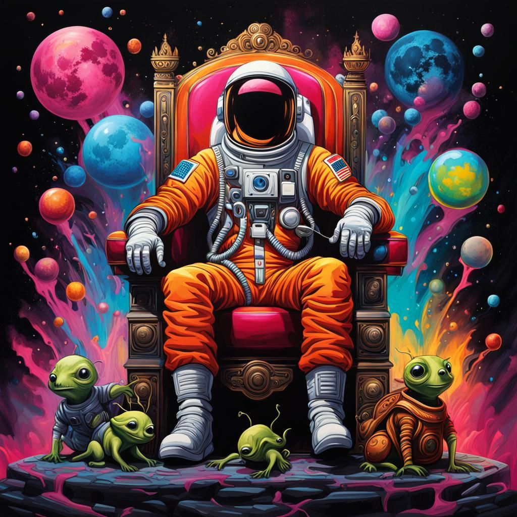 Astronaut King with Alien Subjects in Graffiti Art
