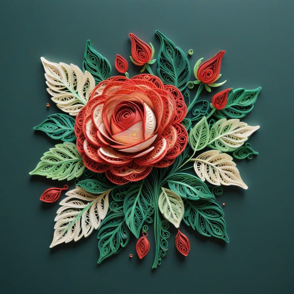 Vintage Quilling Art of a Red Rose in a Holographic Astral S...