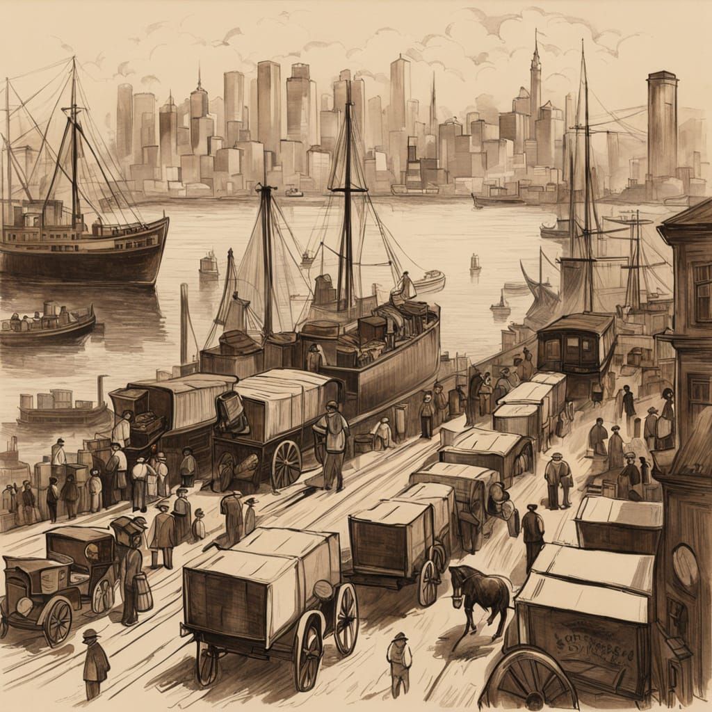 Vibrant 1920s Harbor Scene in Industrial Age Sketch Style