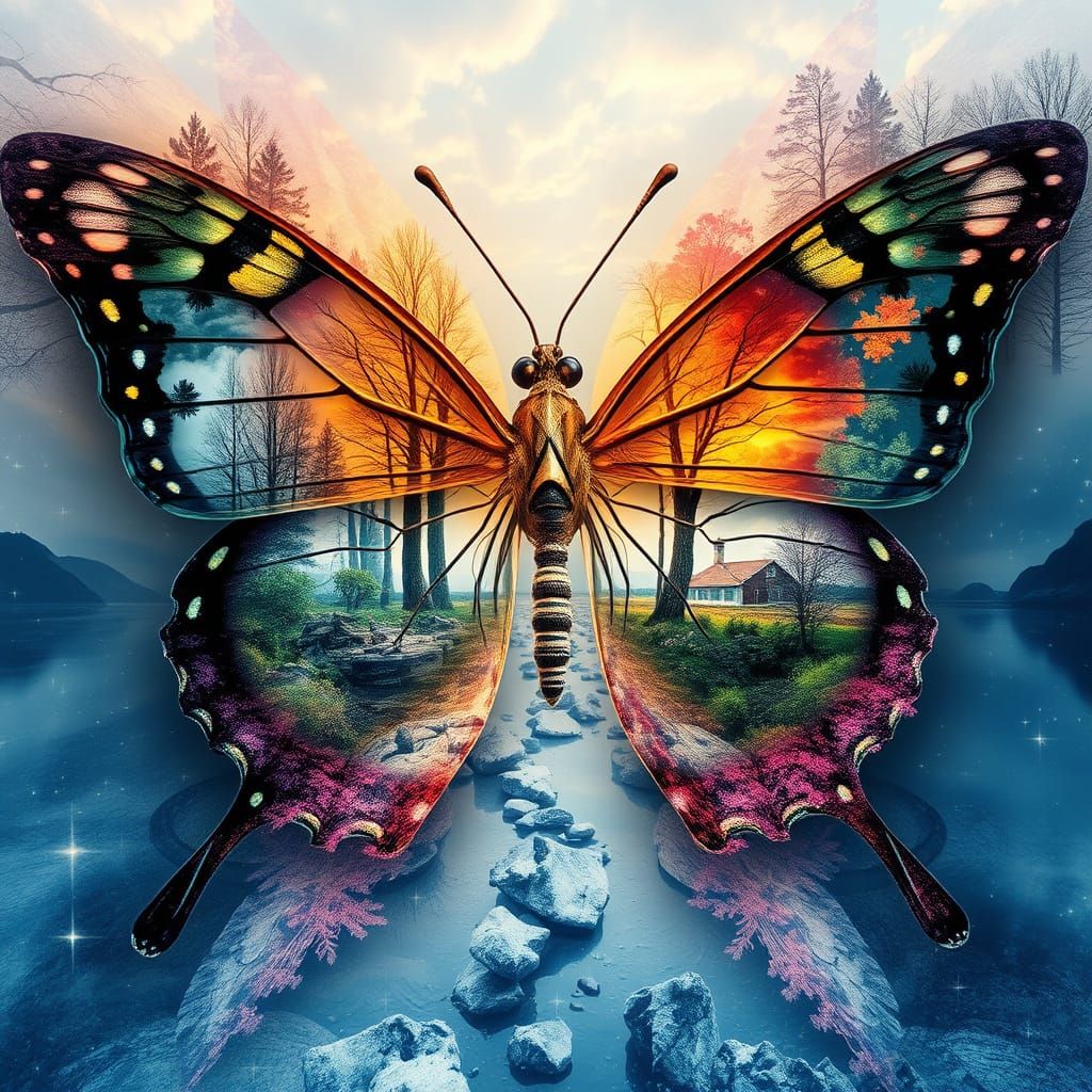Butterfly in Fantasy Landscape Double Exposure Art