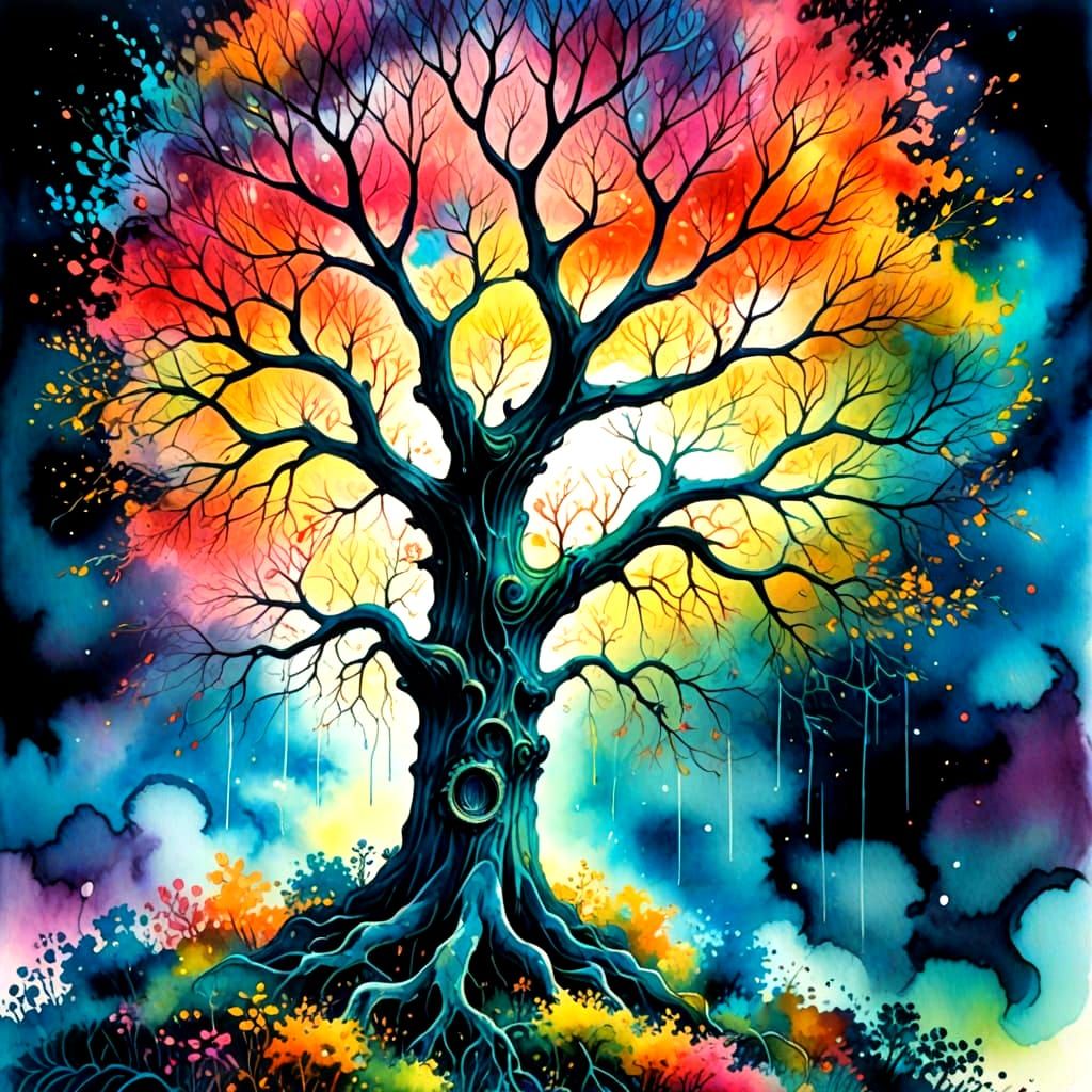 Neon Tree in Swirling Kaleidoscope of Colors
