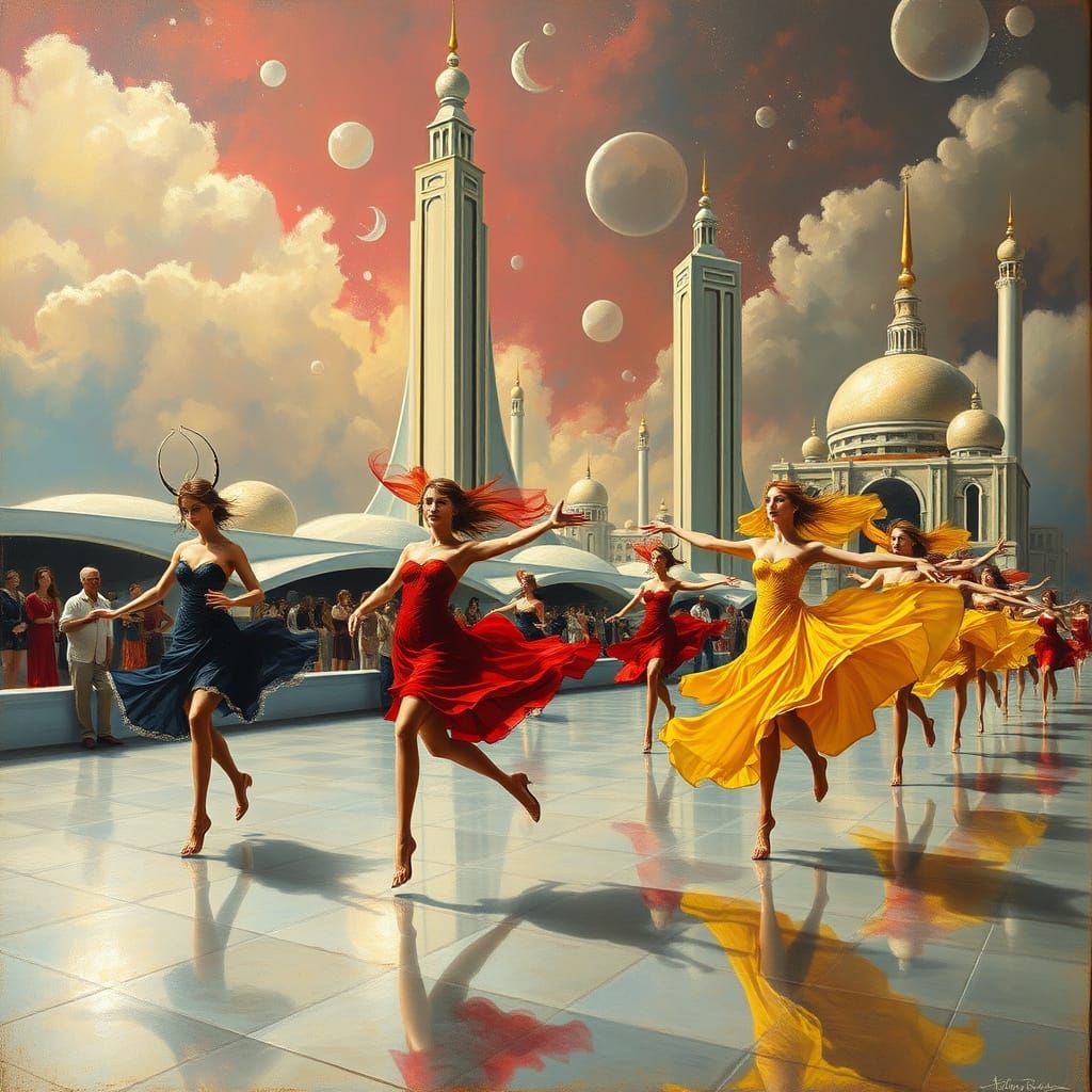 Surreal Parade of Dancers in a Futuristic City