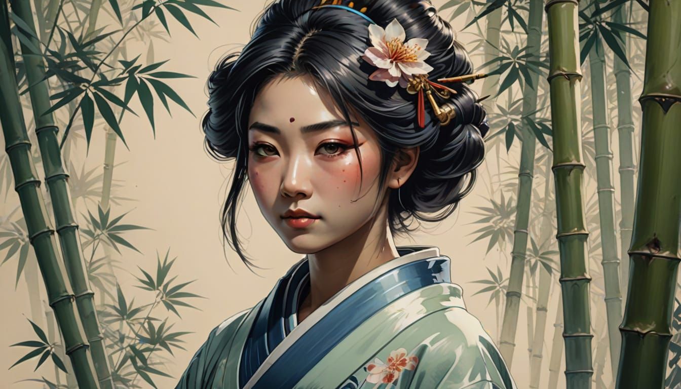 Geisha Practices Calligraphy in Sumi-e Style