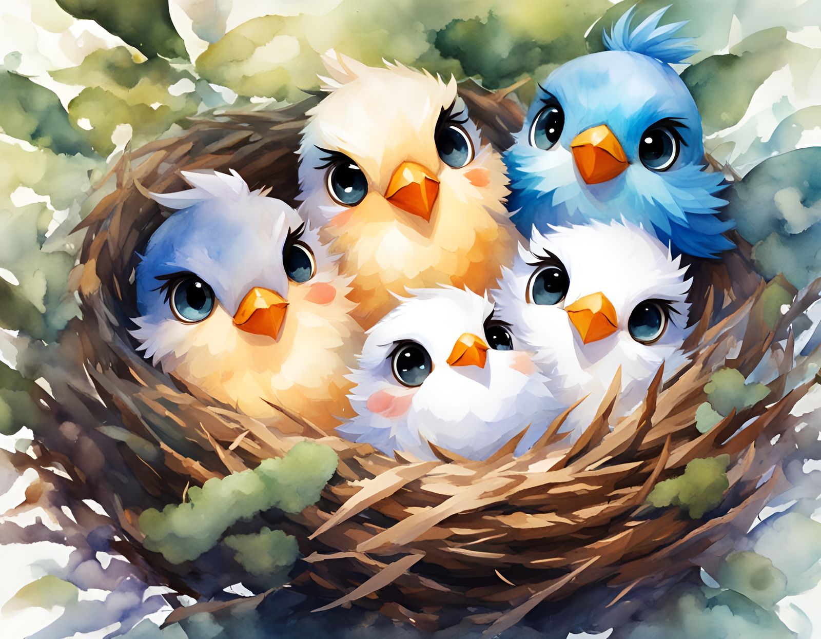 Chibi Birds Resting in Nest, Watercolor Anime Style