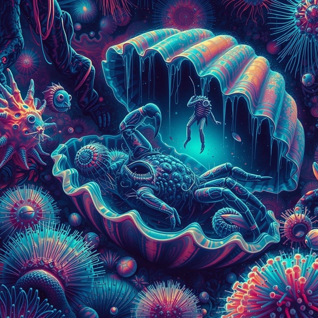 Surreal Pearl Diver Encounter in Holographic Qajar Art