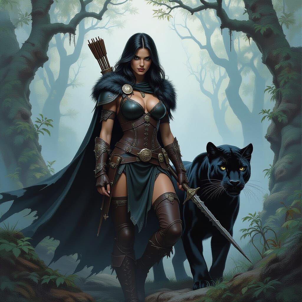 Barbarian Huntress and Panther in Mystical Forest