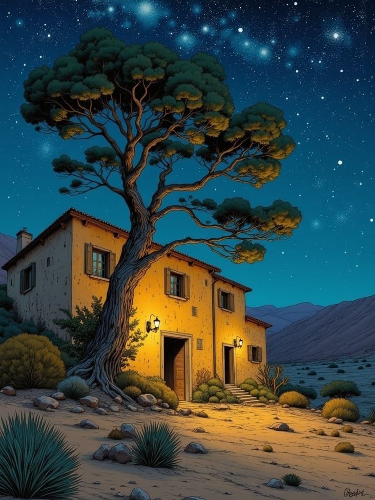 Italian Inn Under Starry Night Sky in Romantic Impressionist...