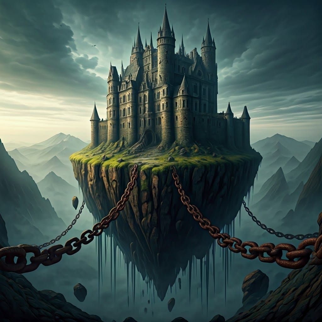 Floating Castle Island Bound by Chains: Gothic Fantasy