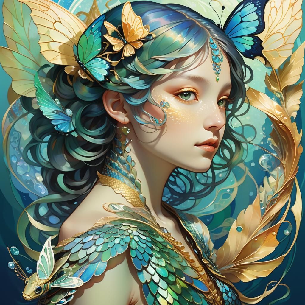 Dragon Tail Fish with Butterfly Wings in Art Nouveau
