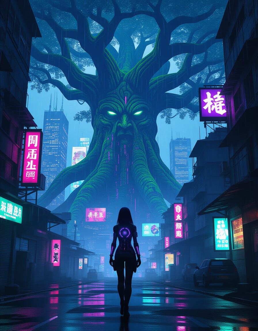 Cyberpunk Hacker Against Ancient Fantasy Tree