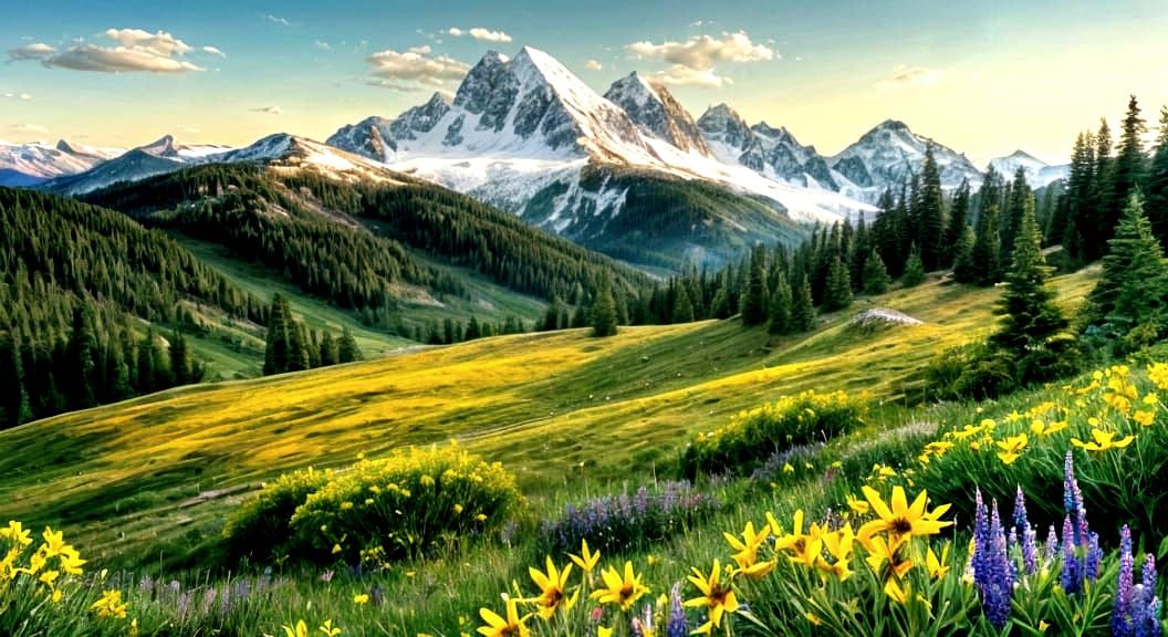 Vibrant Mountain Meadow in Warm Yellow and Green Tones