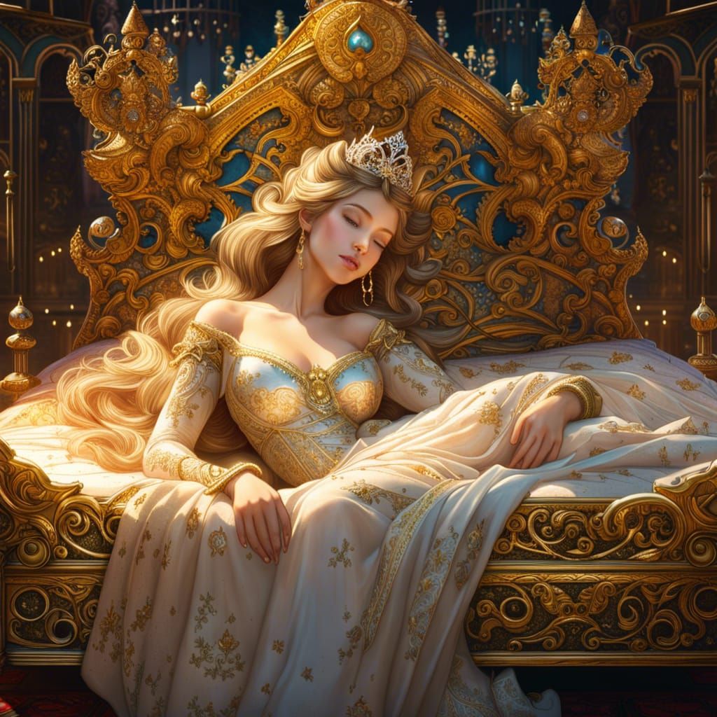 Hyperrealistic Sleeping Beauty on Golden Bed