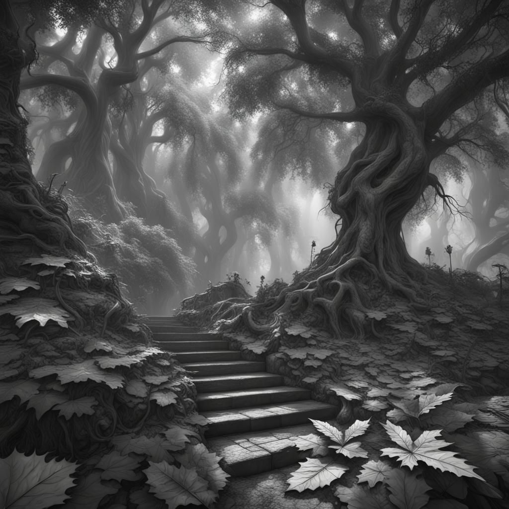 Black and White Leafs in Detailed Matte Painting