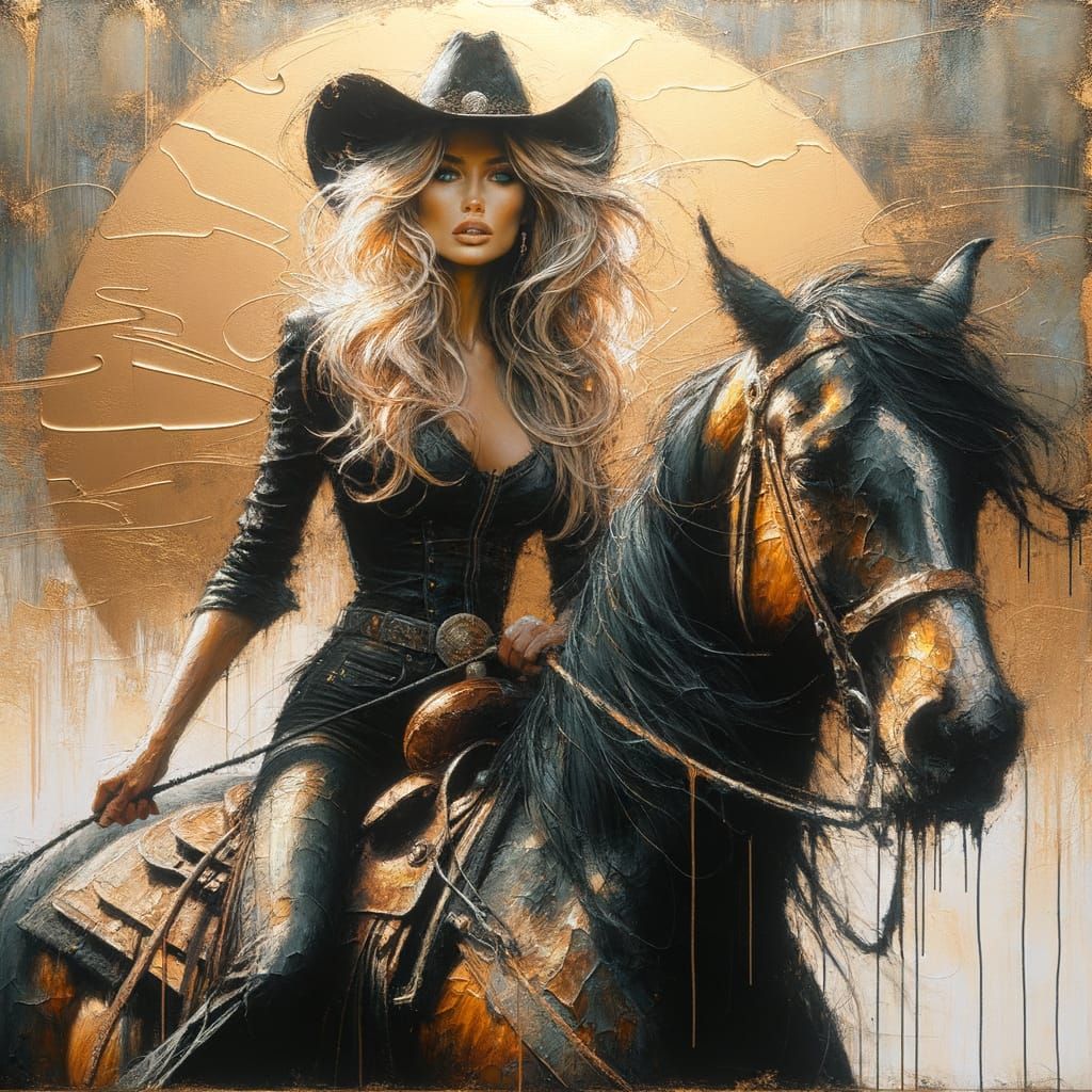 "painting of a gorgeous, handsome female caw-girl Breathtaking beautifull young lady natural no make up look with long m...