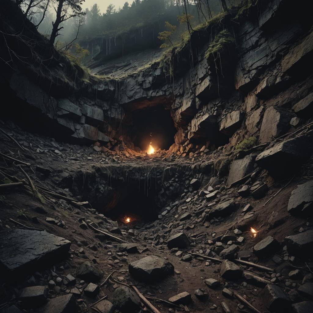 Abandoned Mining Earth Hole in Dark Forest Valley
