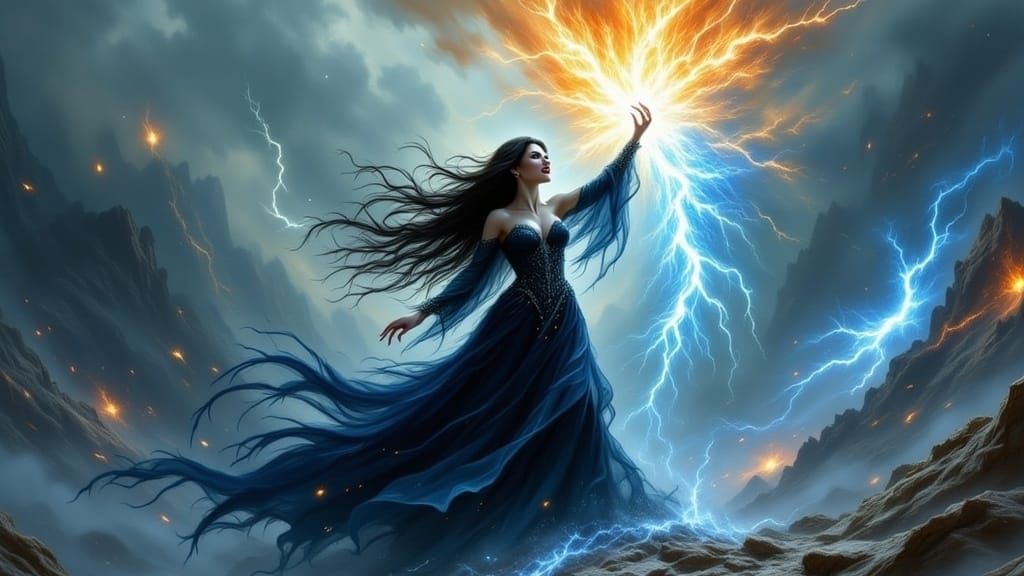 Mystical Sorceress in Dark Stormy Landscape