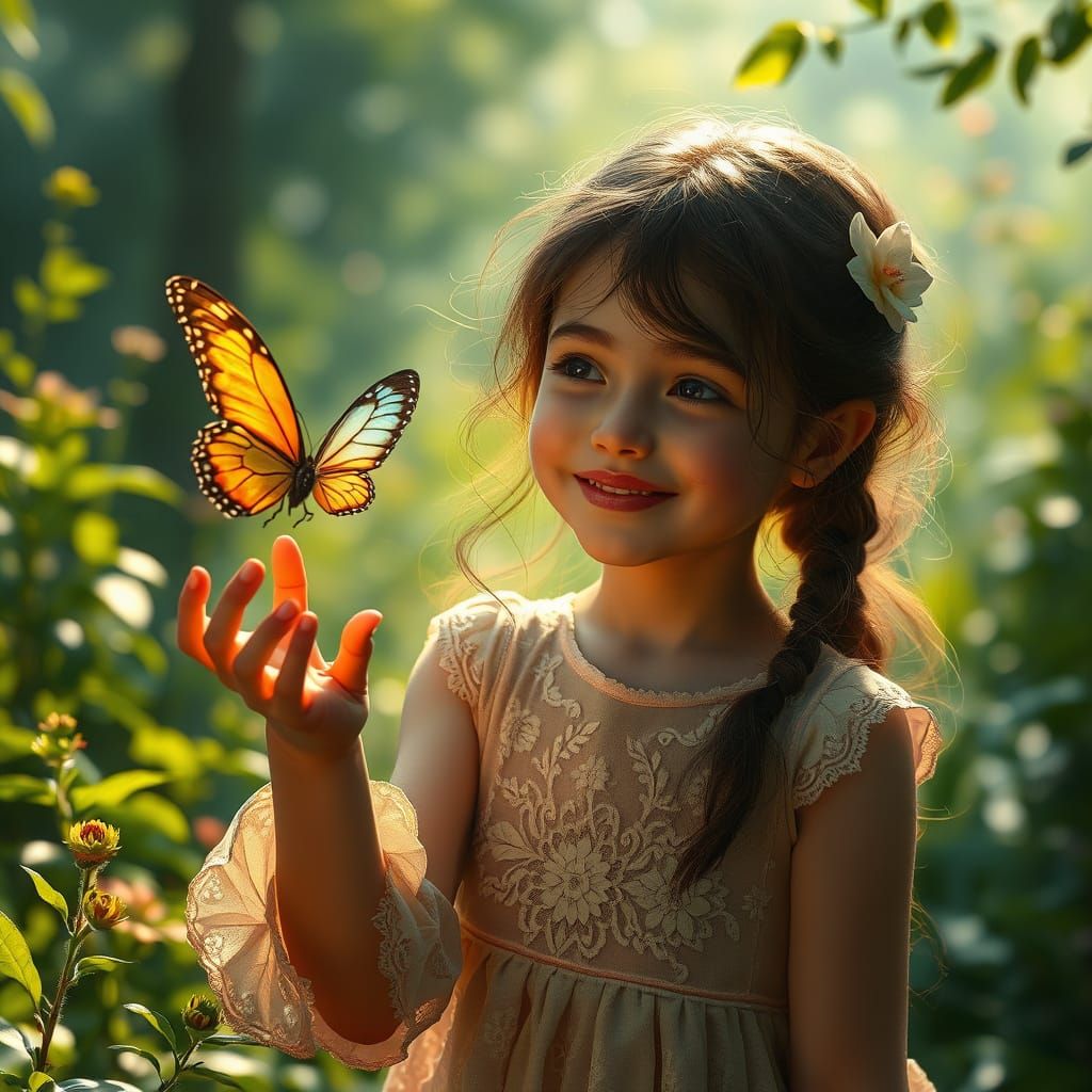 Young Girl Plays with Majestic Butterfly in Enchanted Garden