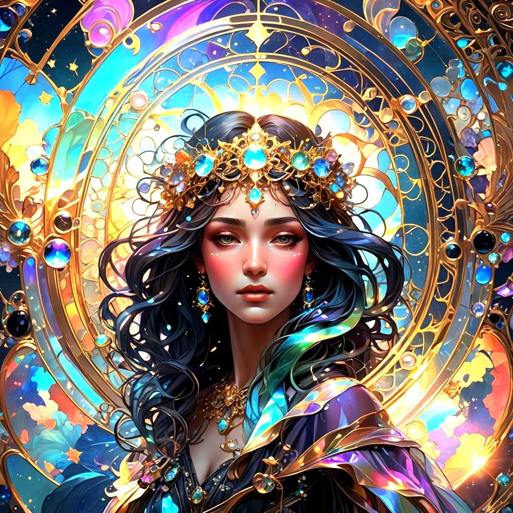 Iridescent Sky Spell in Alphonse Mucha Style