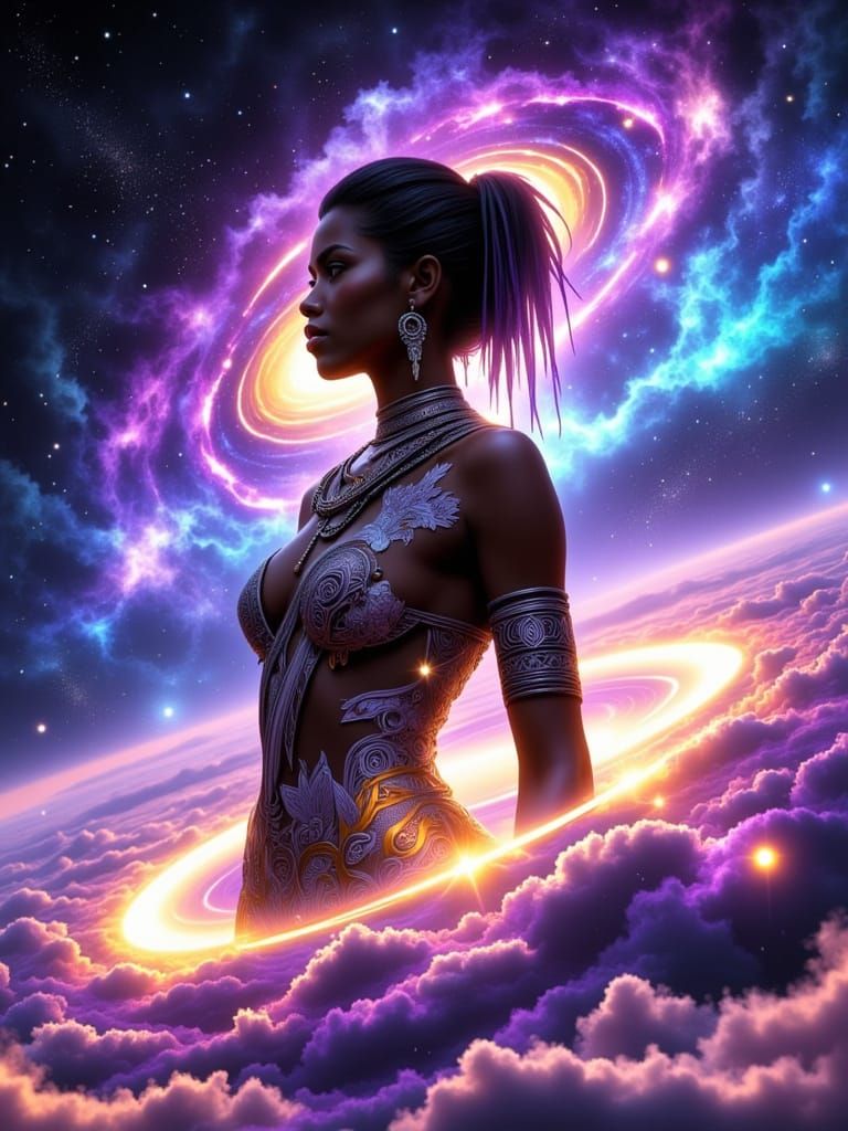 Majestic African Woman in Cosmic Nebula