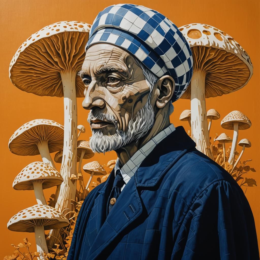 Surreal Mushroom Cultivation: Linocut Print in Barney Style