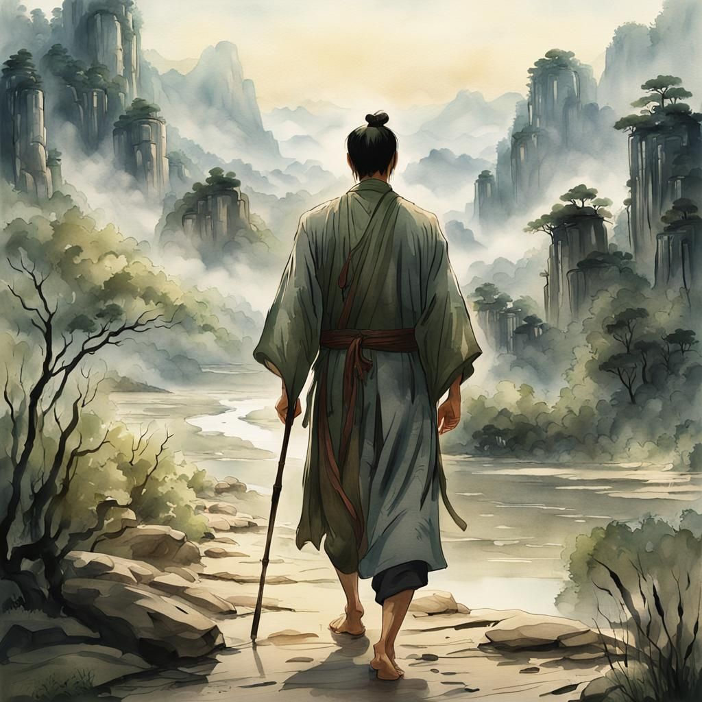 Chinese Man's Journey: Watercolor Concept Art