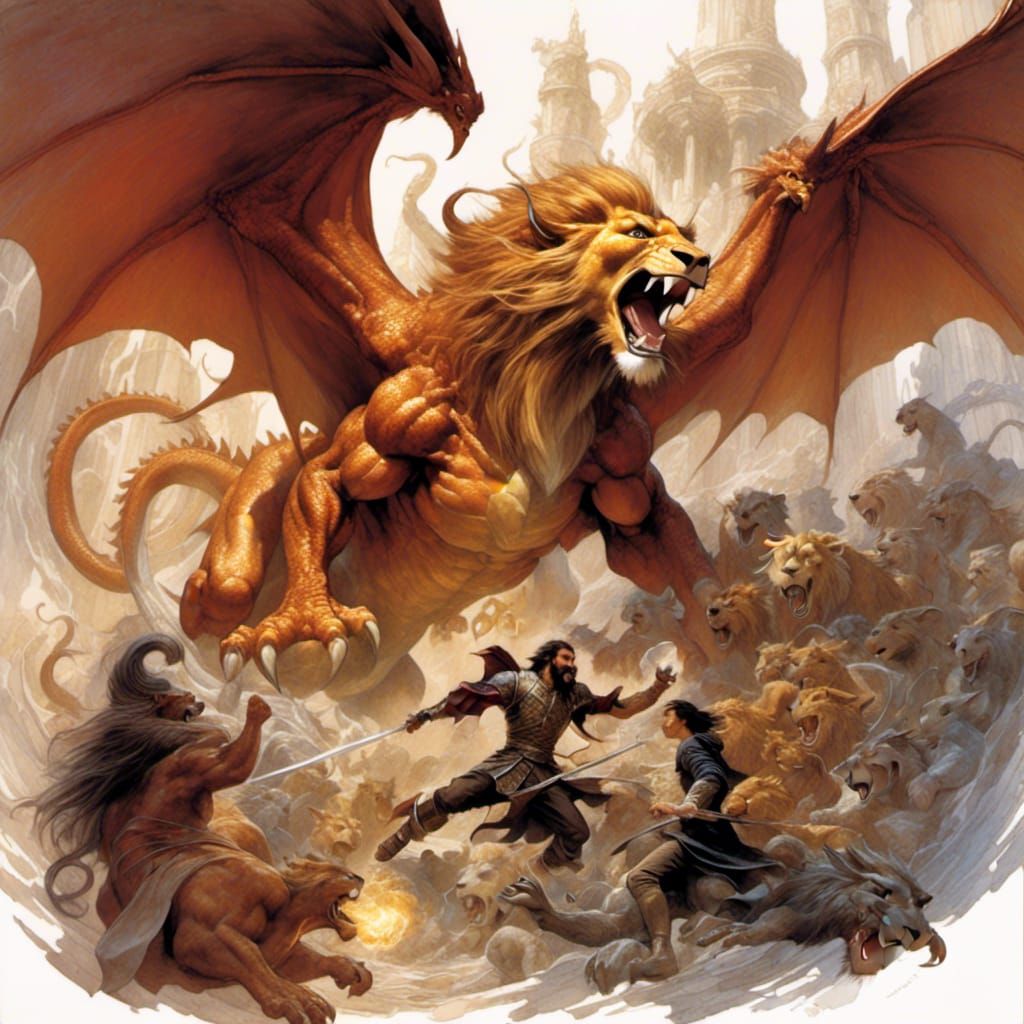 Dragon and Lion Battle Drawing