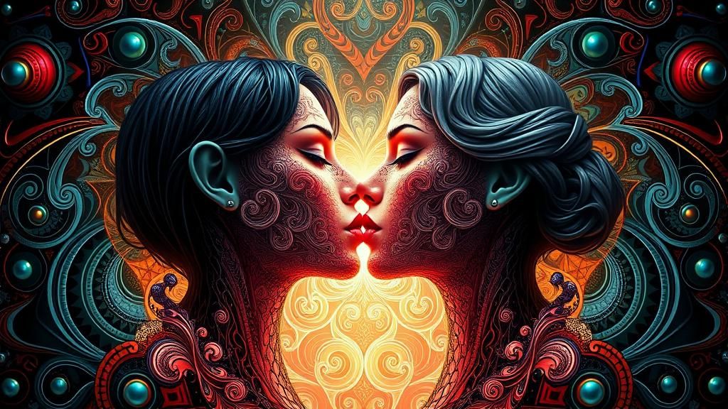 Surreal Symmetrical Kiss in Fantasy Mirror World