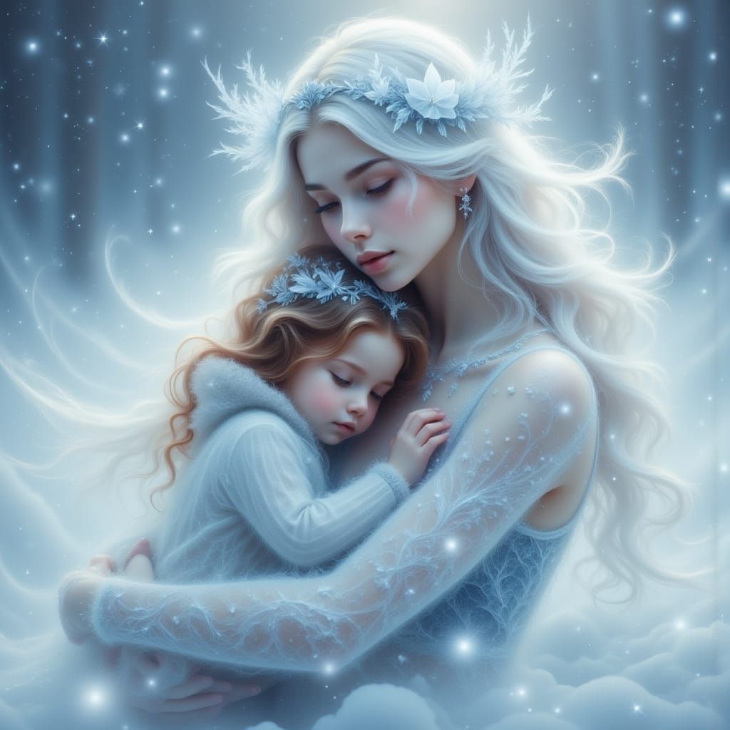 Dreamlike Winter Scene: Snow Queen and Child