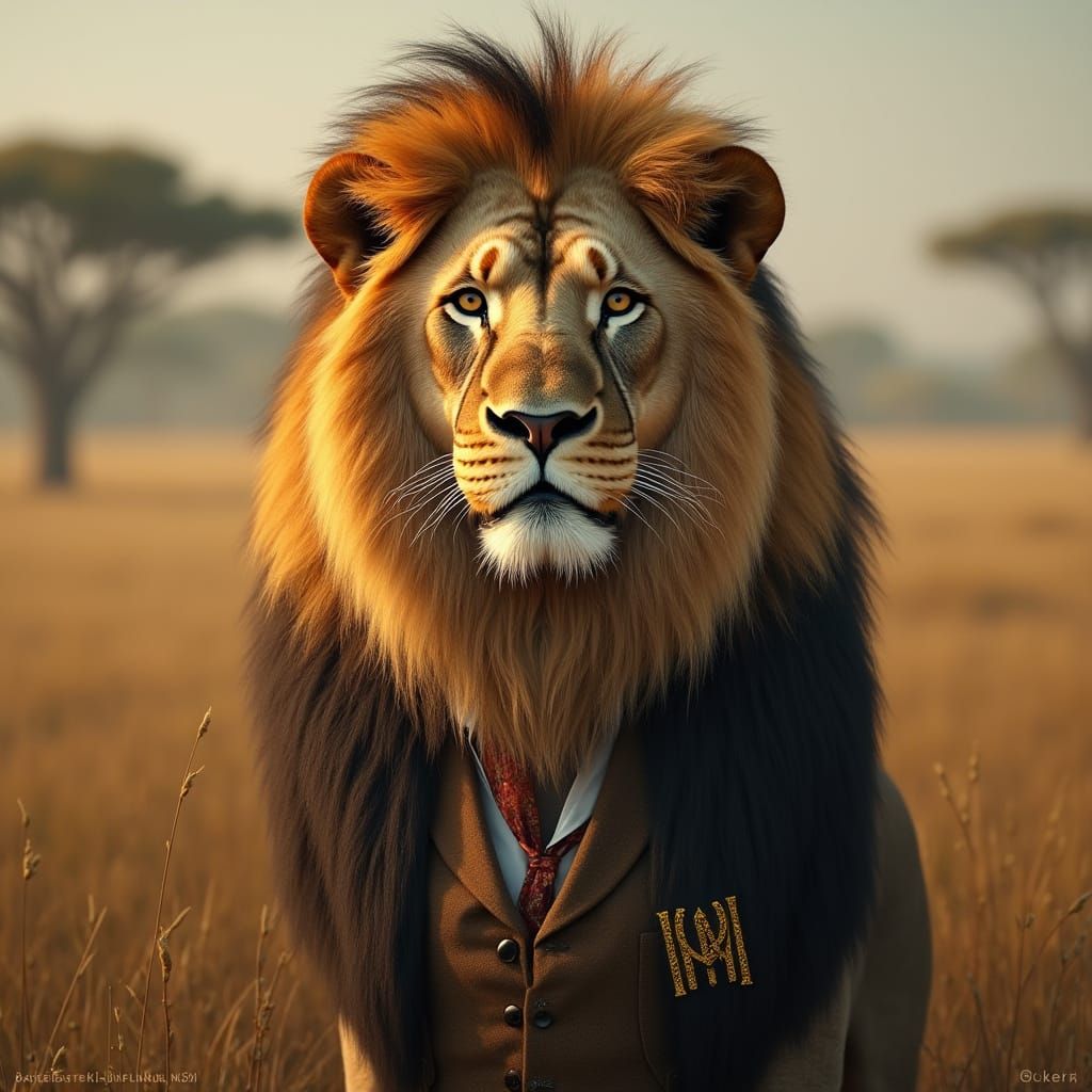 Lion in Monogrammed Waistcoat: Realistic Wildlife Portrait