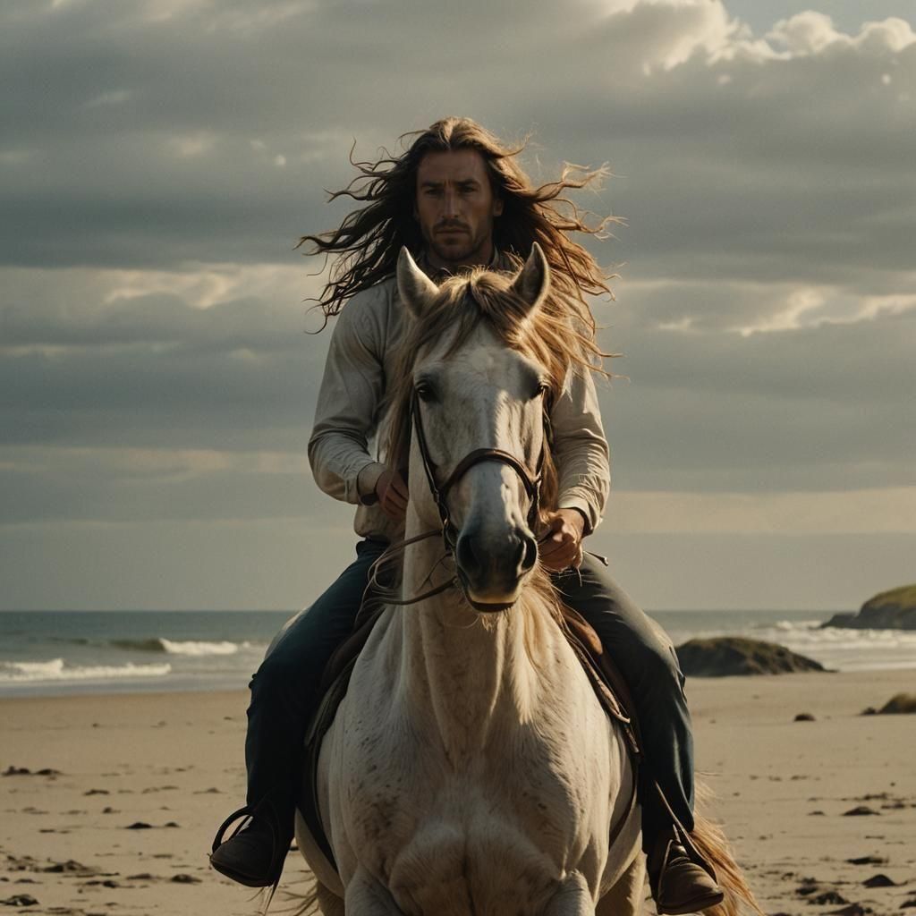 Mysterious Man on Horseback Rides on Beach