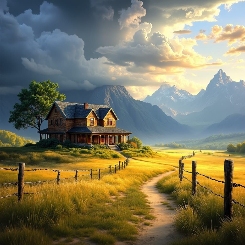Thomas Kinkade Style Farmhouse Amidst Stormy Skies
