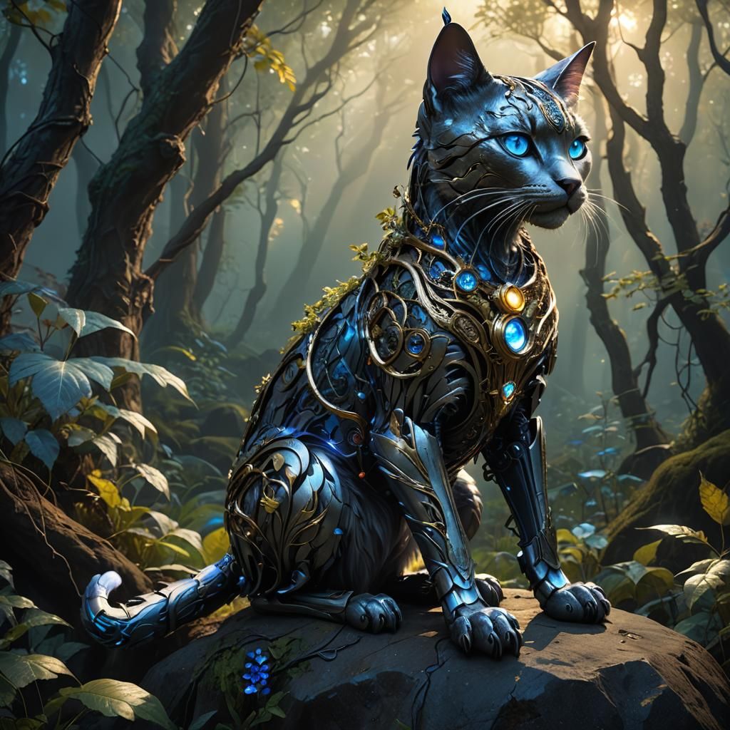 Cyberpunk Robot Cat Reigns Over Haunted Forest