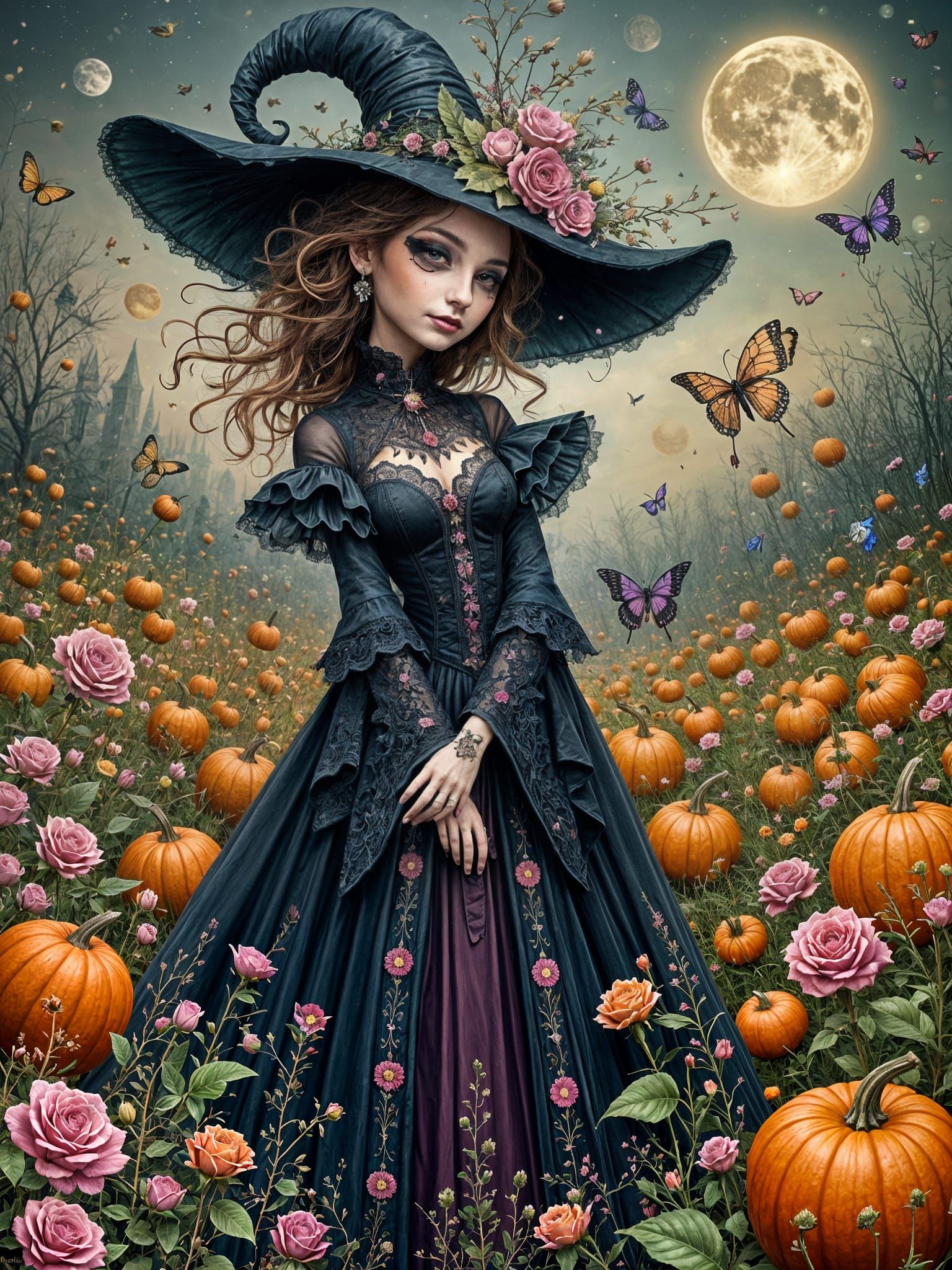 Gothic Witch in Pumpkin Patch Fantasy Art