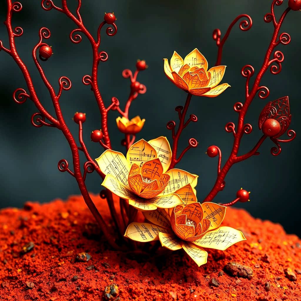 Fantastical Red and Gold Botanical Wonders in Detailed Matte...