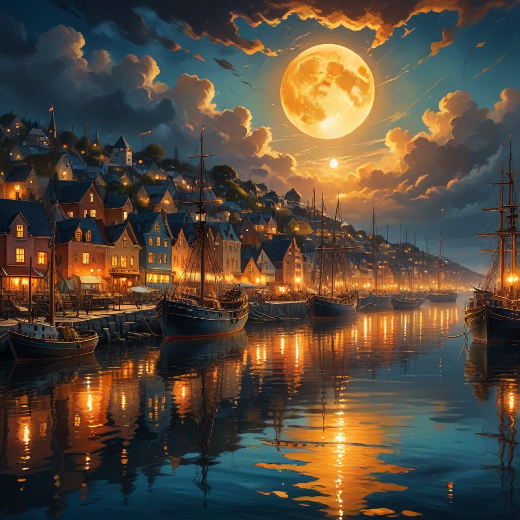 Fantasy Harbor at Night with Golden Moon and Ships
