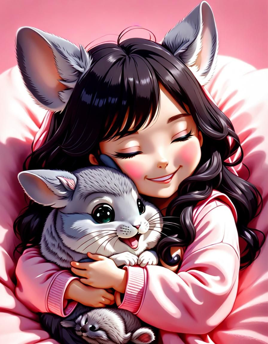 Chibi Girl with Smiling Chinchilla Asleep