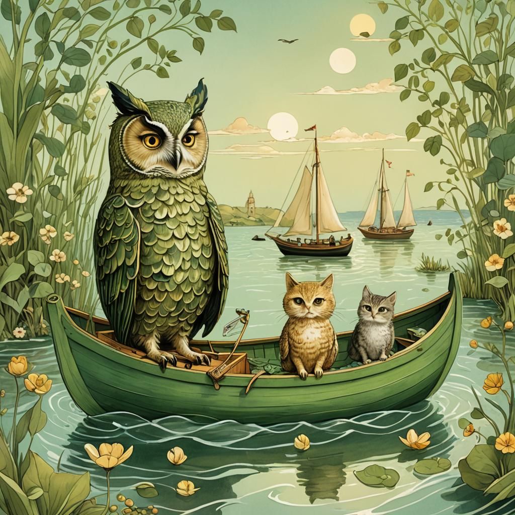 Owl and Cat Sail the Sea: Whimsical Illustration