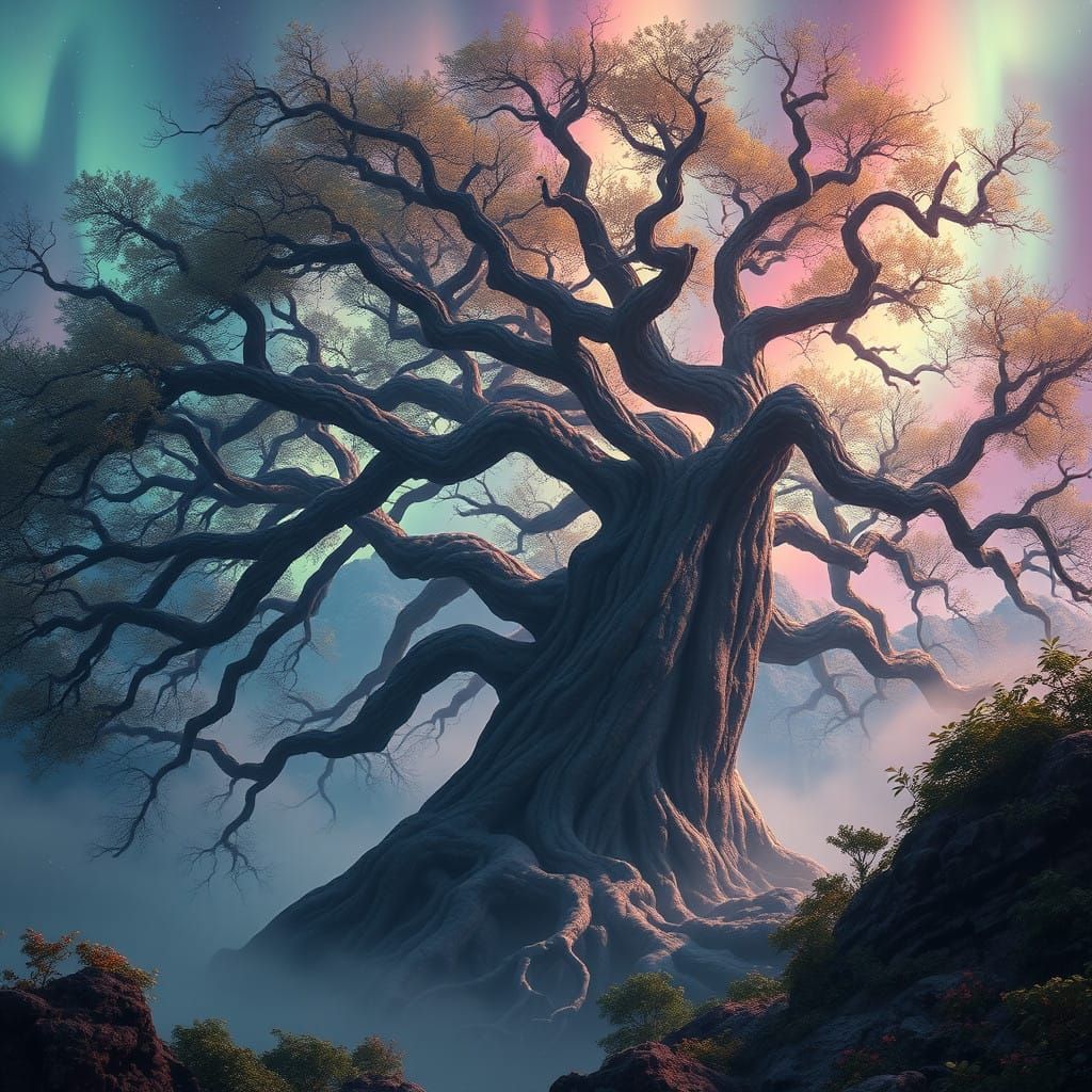Gnarled Tree in Dreamlike Aurora Landscape