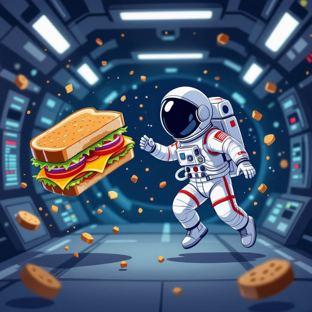 Astronaut Comically Chases Giant Sandwich in Space Station