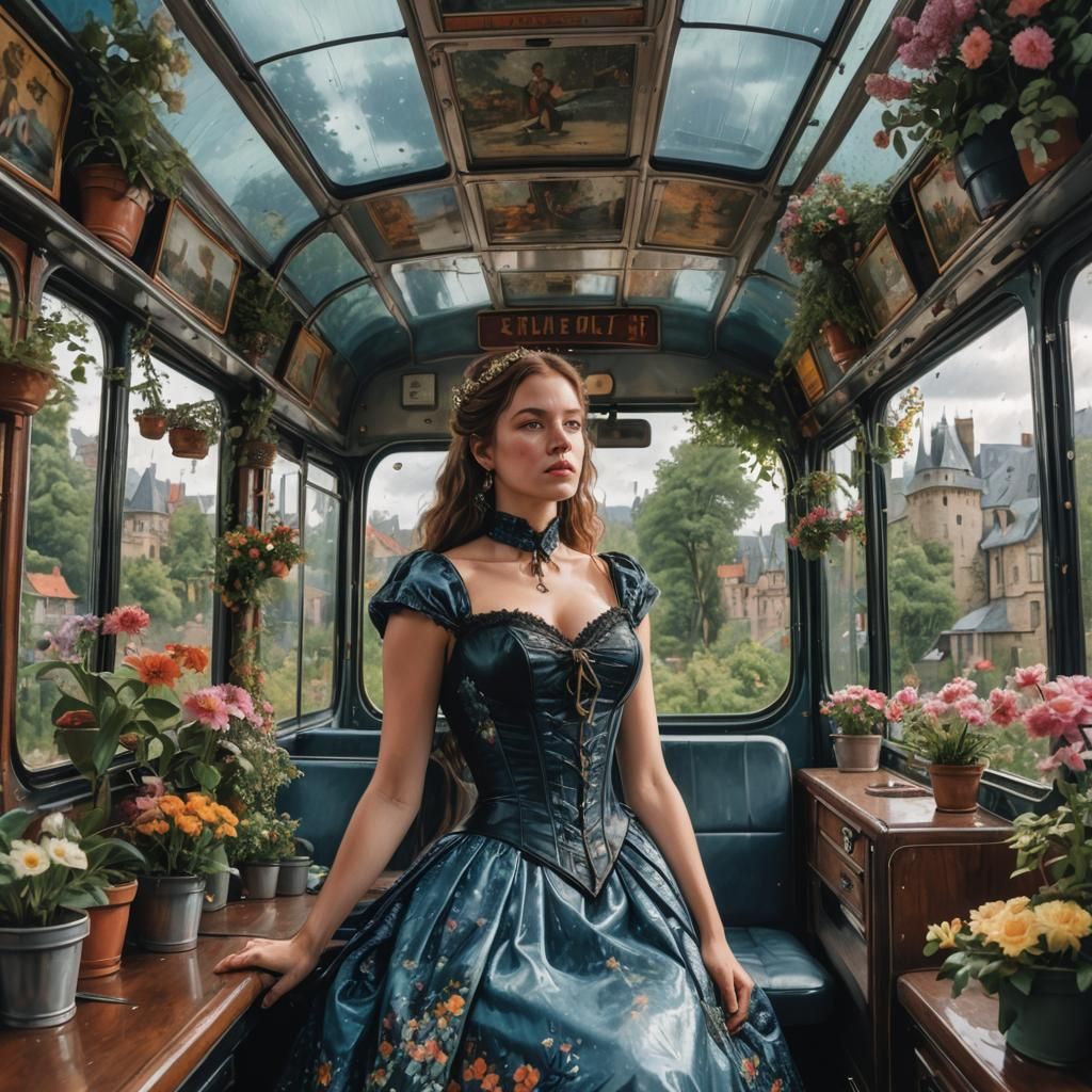 Bus Interior with Hyperrealistic Summer Balcony Advertisemen...