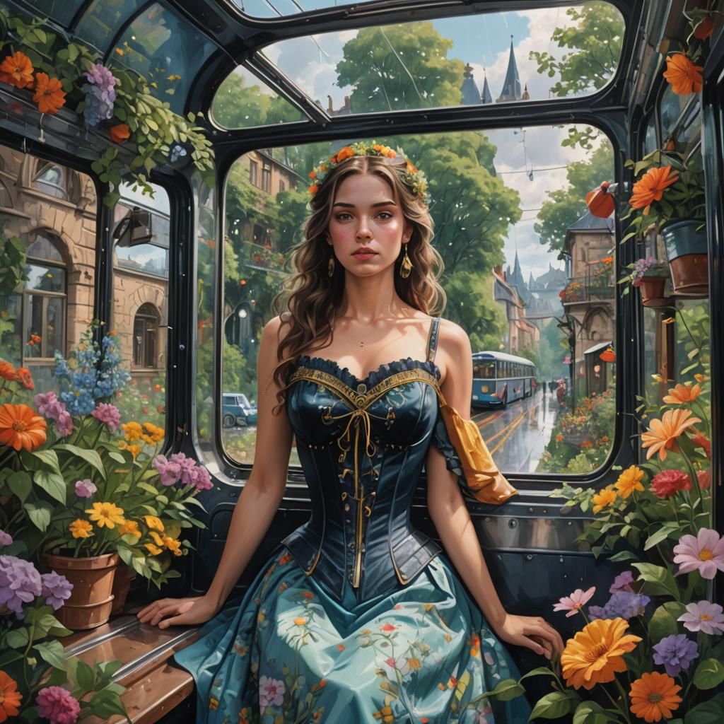 Bus Interior with Hyperrealistic Summer Balcony Scene