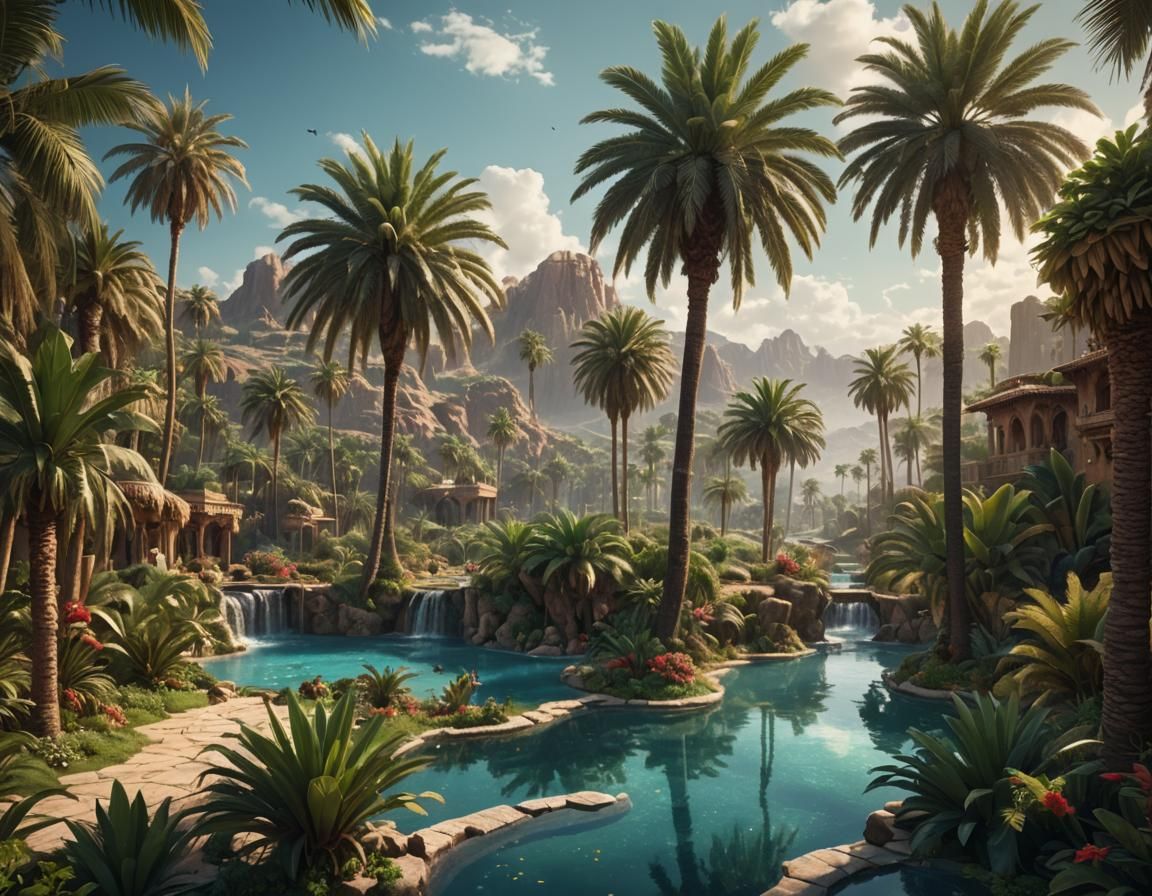 Lush Oasis Shimmers in Arid Desert Landscape