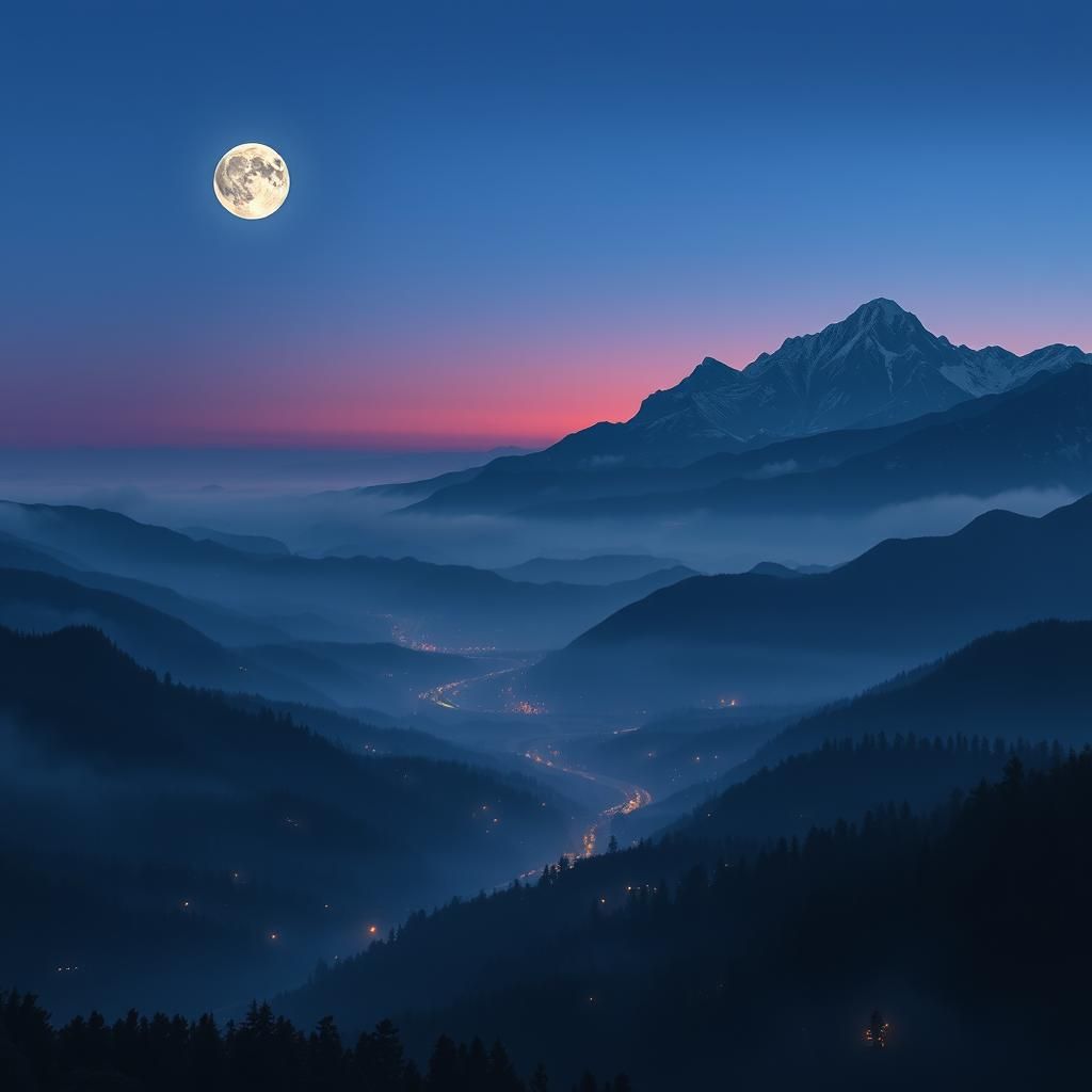 Majestic Moonlit Mountain Range at Dusk